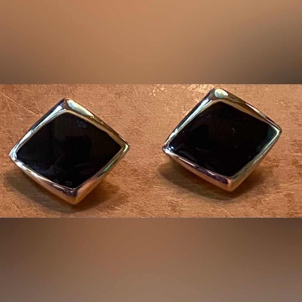 Vintage Black Enamel Square Retro Mod Geometric Earrings MCM Art Deco